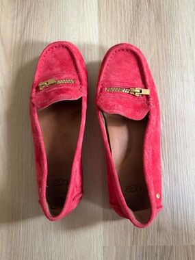 UGG Red Suede Loafers with Gold Zip Detail